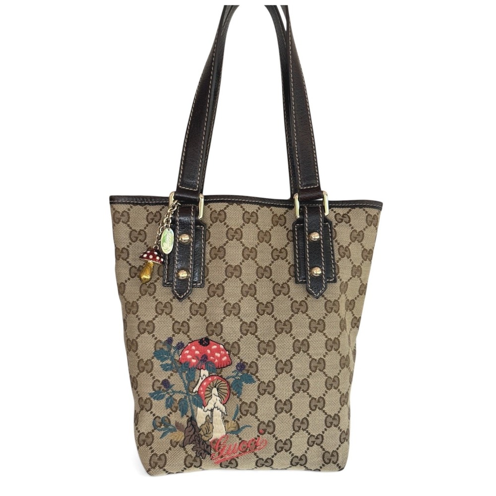 Gucci GG Canvas Mushroom Embroidered Small Tote Brown Leather Italy
